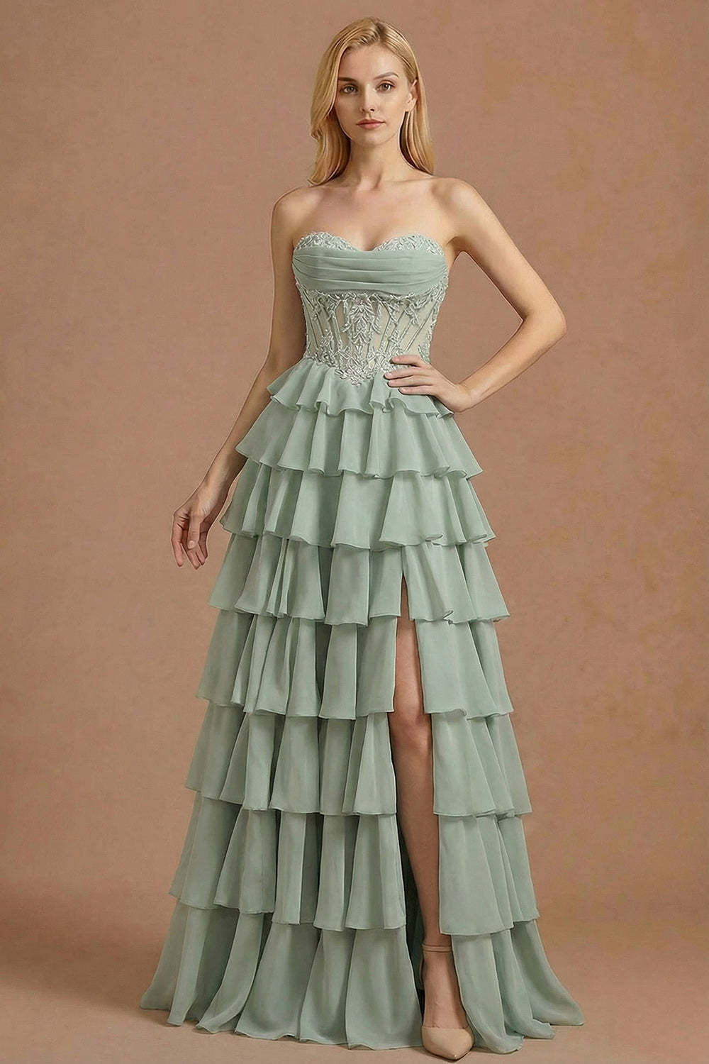 Leely Women Dusty Sage A Line Corset Ruffled Long Prom Dress with Slit Sweetheart Tiered Draped Appliqued Evening Dress