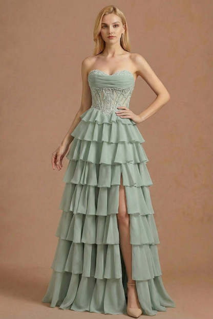 Leely Women Dusty Sage A Line Corset Ruffled Long Prom Dress with Slit Sweetheart Tiered Draped Appliqued Evening Dress