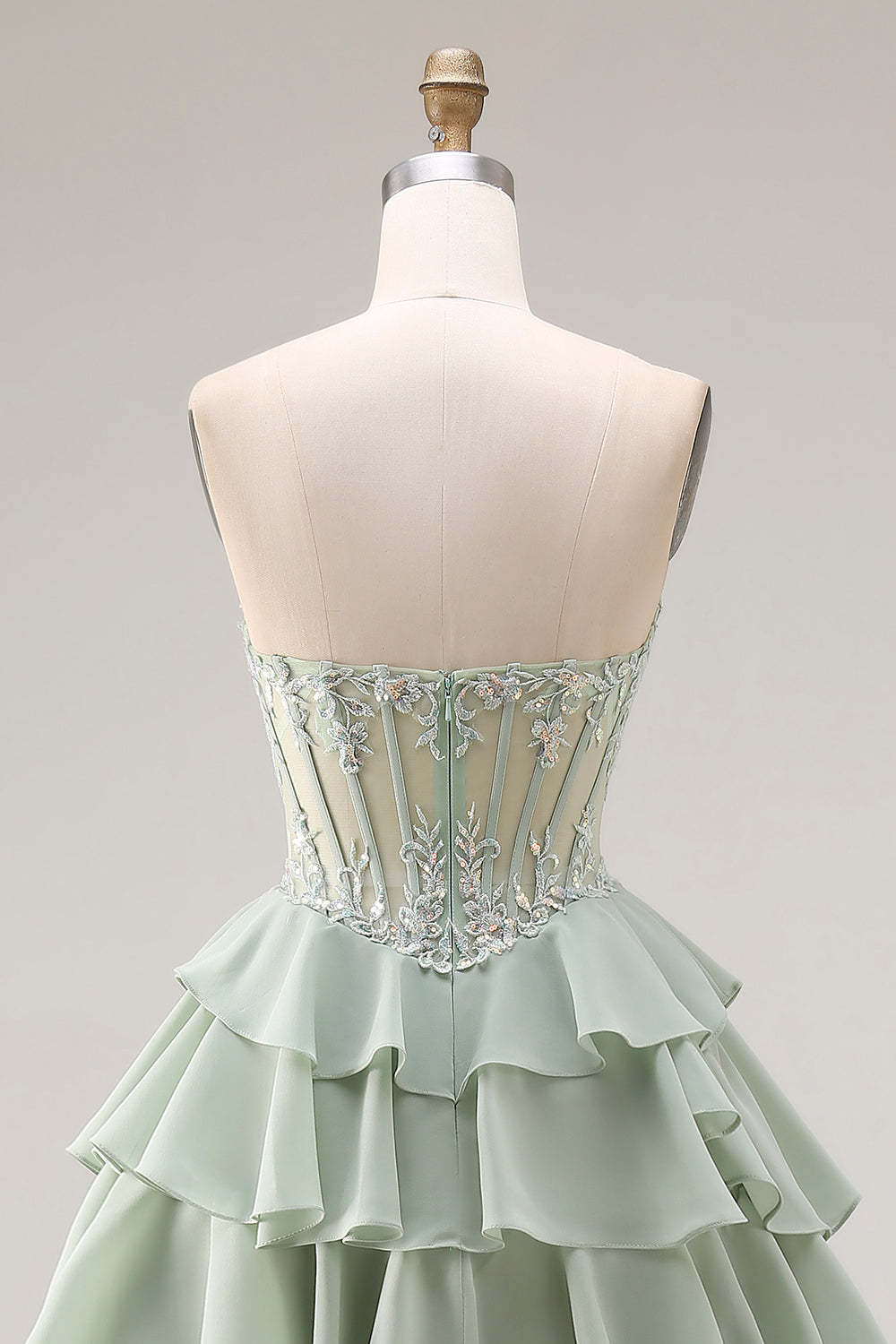 Dusty Sage A Line Corset Sweetheart Ruffled Long Prom Dress with Slit
