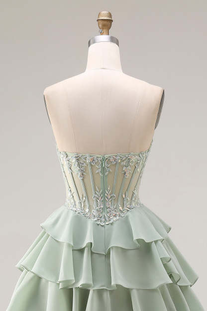 Dusty Sage A Line Corset Sweetheart Ruffled Long Prom Dress with Slit