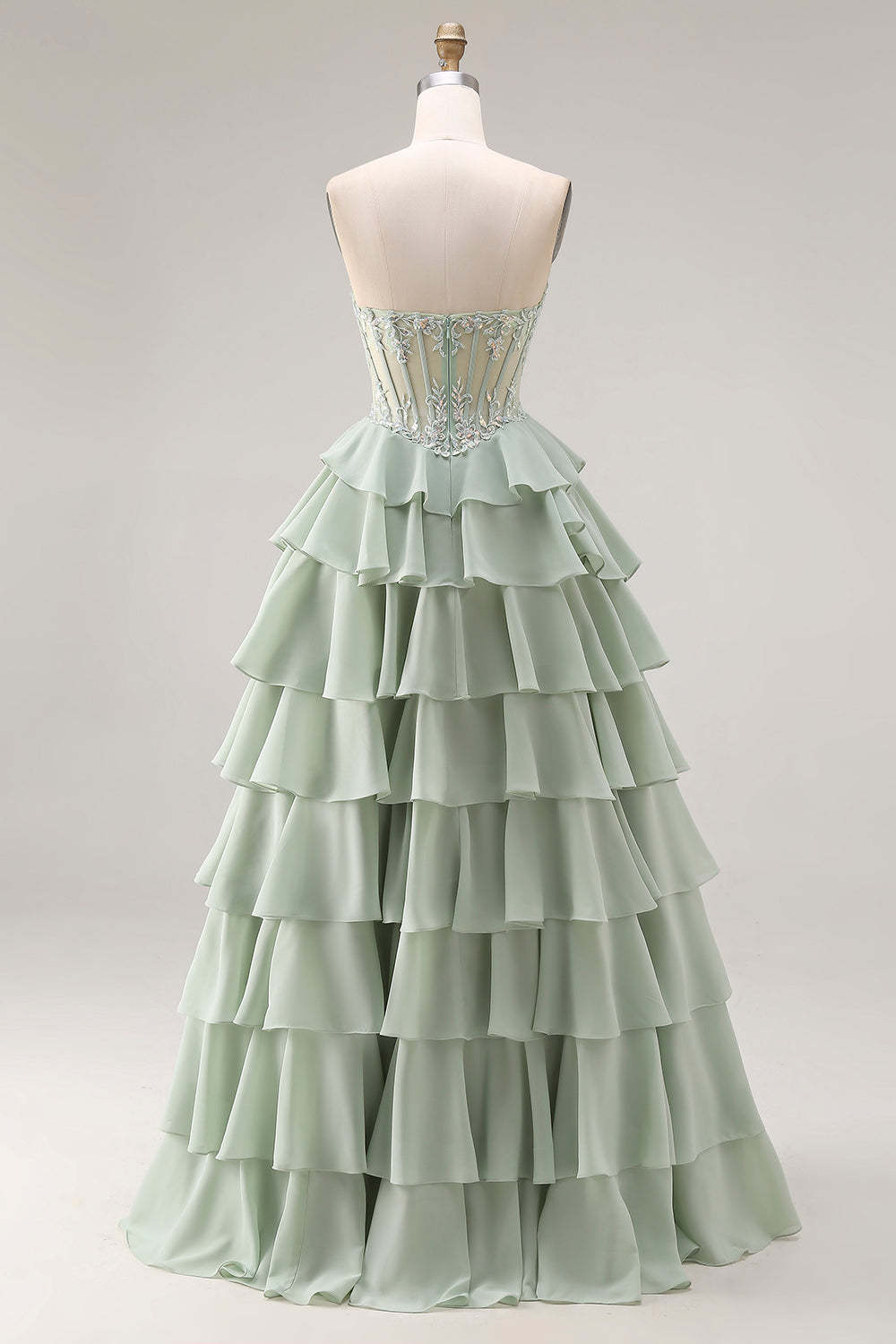 Dusty Sage A Line Corset Sweetheart Ruffled Long Prom Dress with Slit