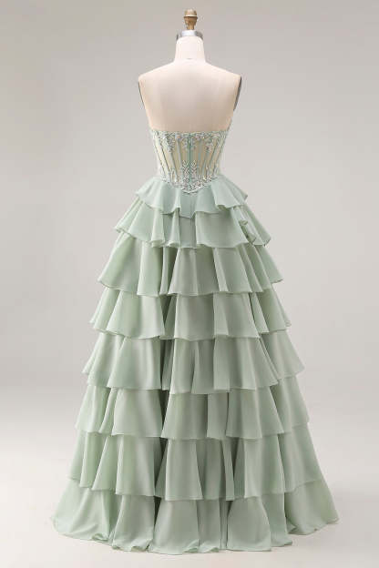 Dusty Sage A Line Corset Sweetheart Ruffled Long Prom Dress with Slit