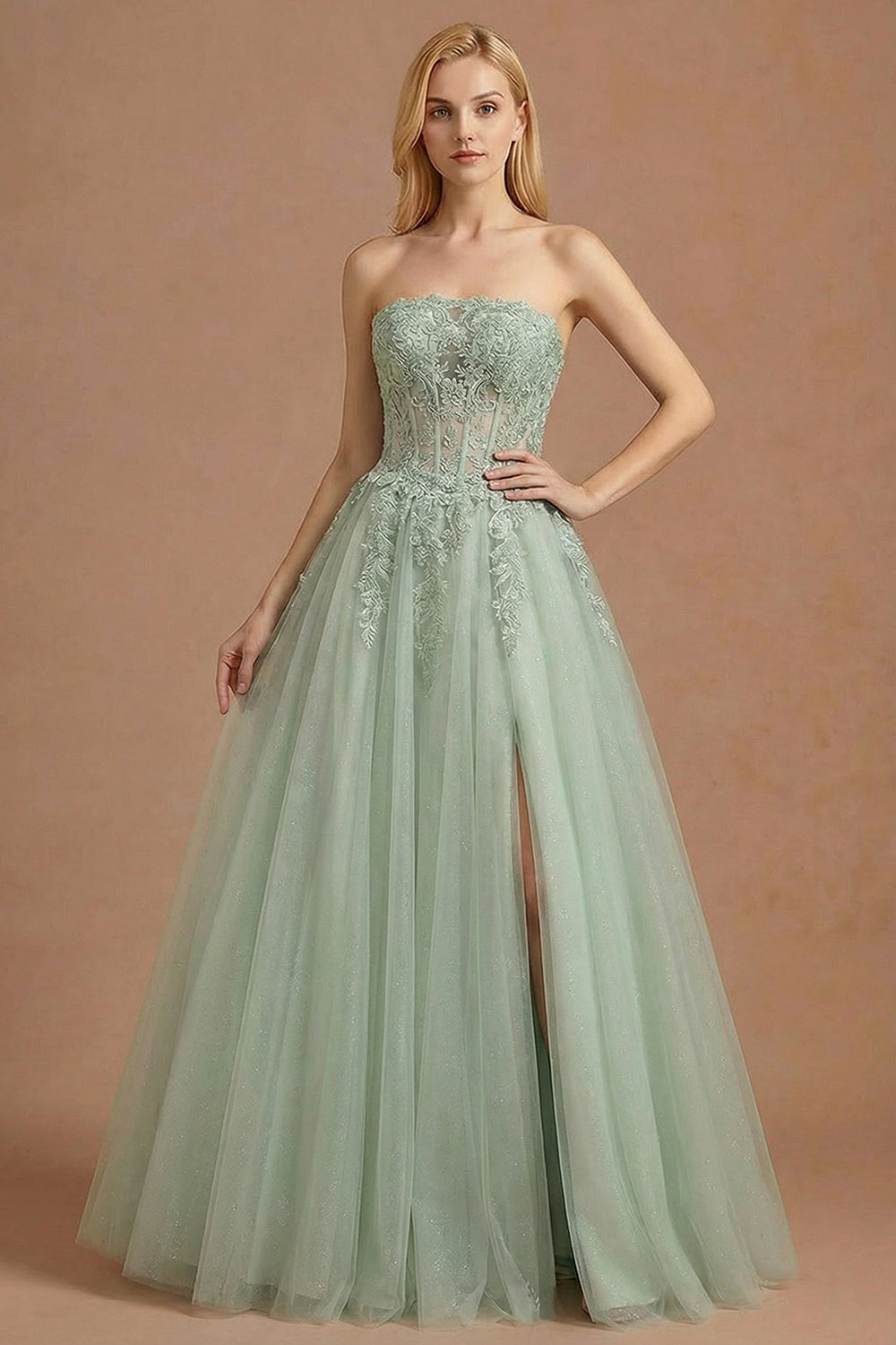 Dusty Green Corset A Line Appliqued Maxi Prom Dress with Slit