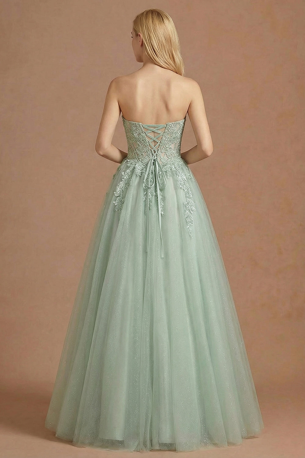 Dusty Green Corset A Line Appliqued Maxi Prom Dress with Slit
