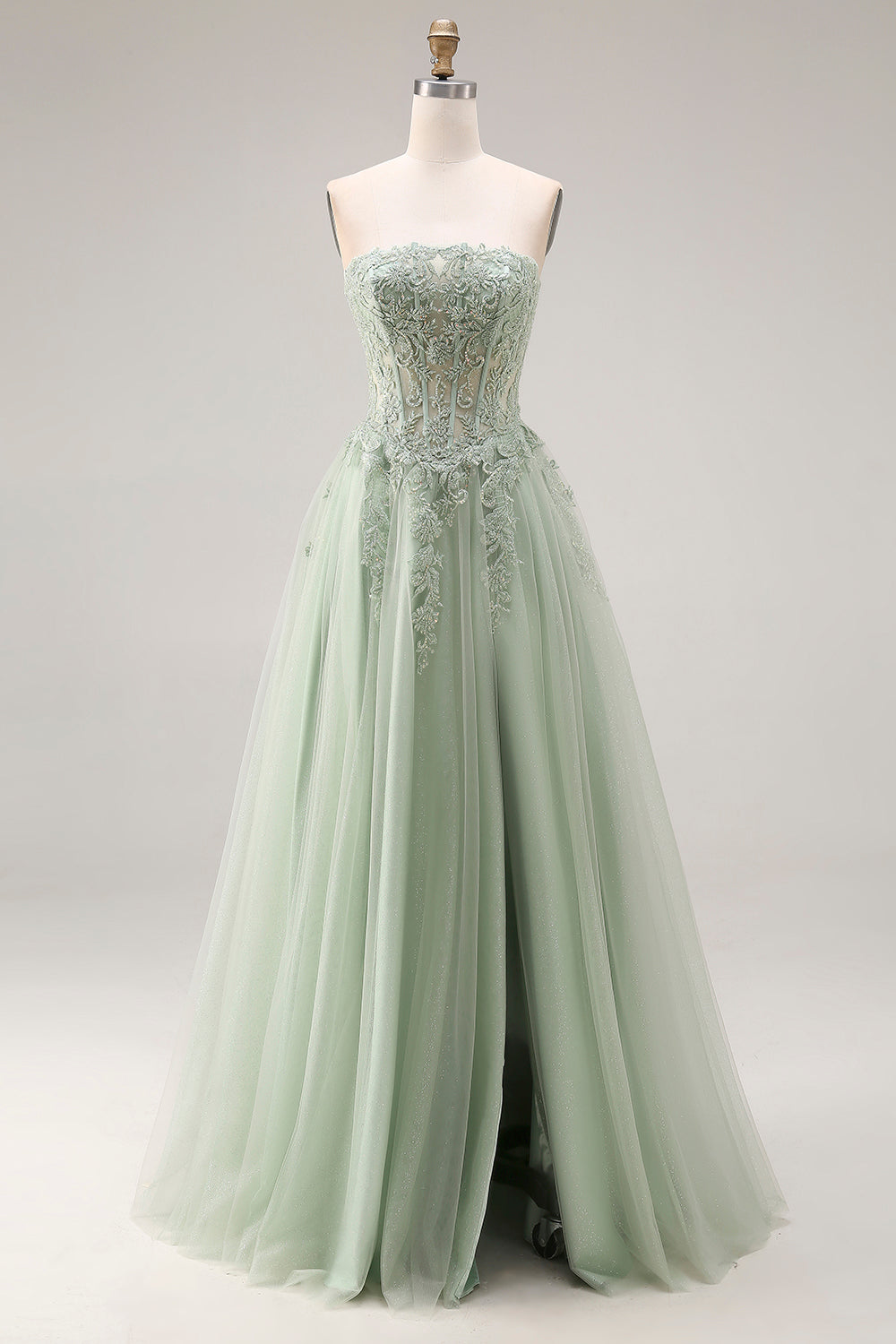 Dusty Green Corset A Line Appliqued Maxi Prom Dress with Slit