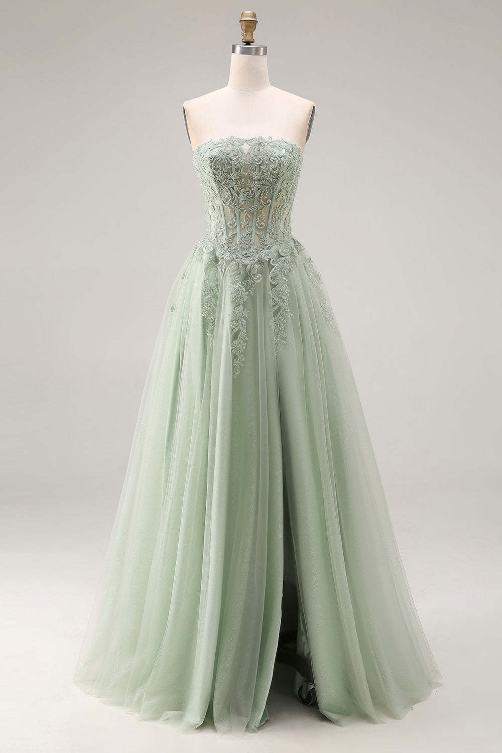 Dusty Green Corset A Line Appliqued Maxi Prom Dress with Slit