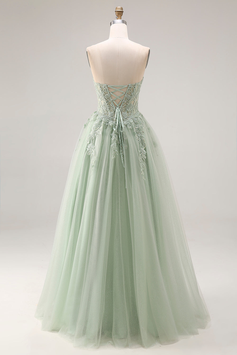 Dusty Green Corset A Line Appliqued Maxi Prom Dress with Slit