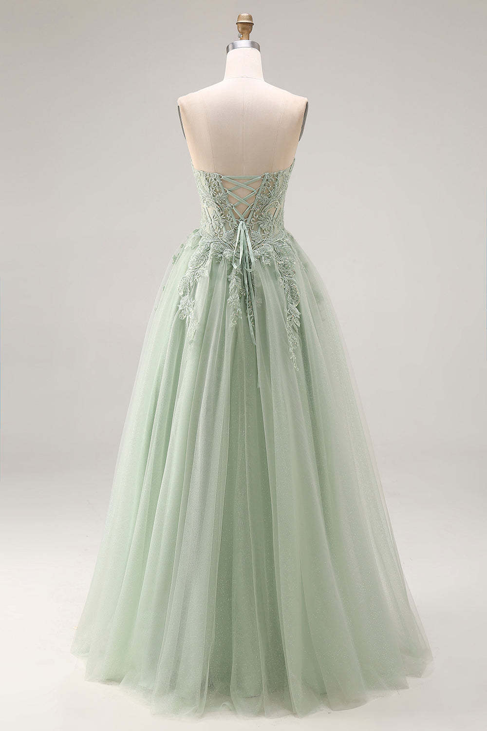 Dusty Green Corset A Line Appliqued Maxi Prom Dress with Slit
