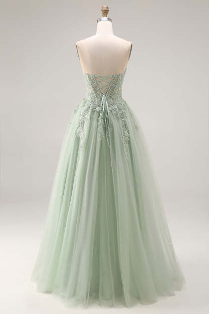 Dusty Green Corset A Line Appliqued Maxi Prom Dress with Slit