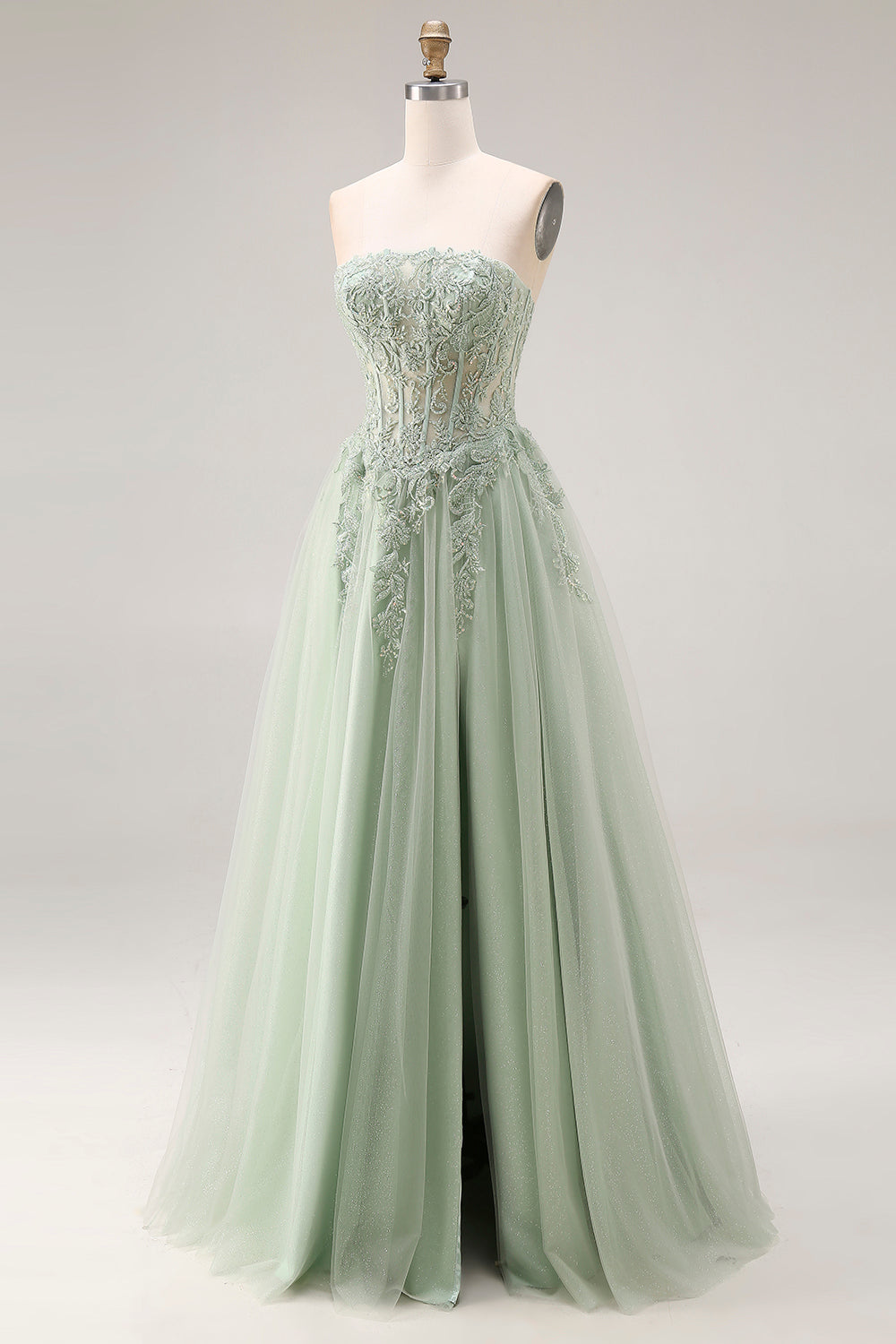 Dusty Green Corset A Line Appliqued Maxi Prom Dress with Slit
