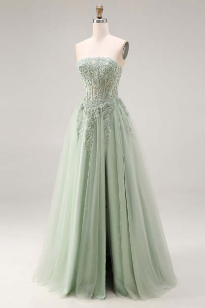 Dusty Green Corset A Line Appliqued Maxi Prom Dress with Slit