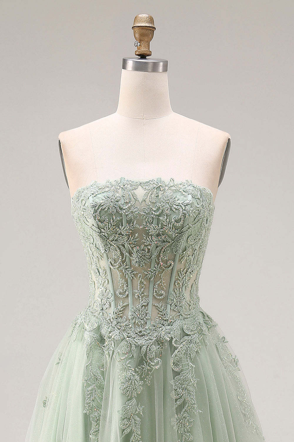 Dusty Green Corset A Line Appliqued Maxi Prom Dress with Slit