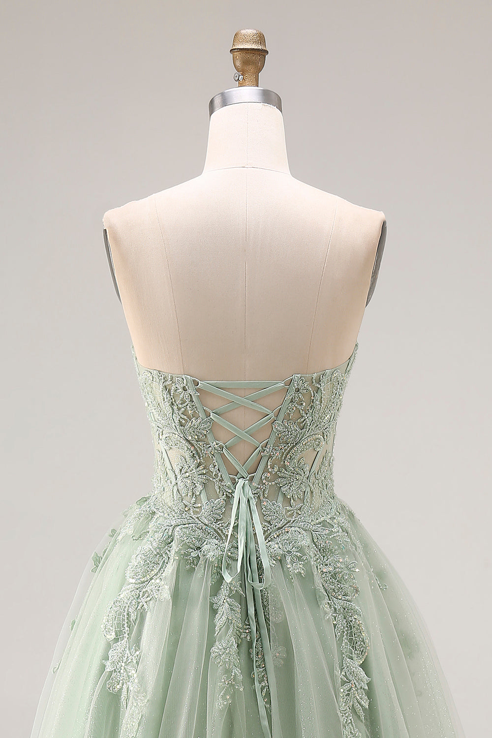 Dusty Green Corset A Line Appliqued Maxi Prom Dress with Slit