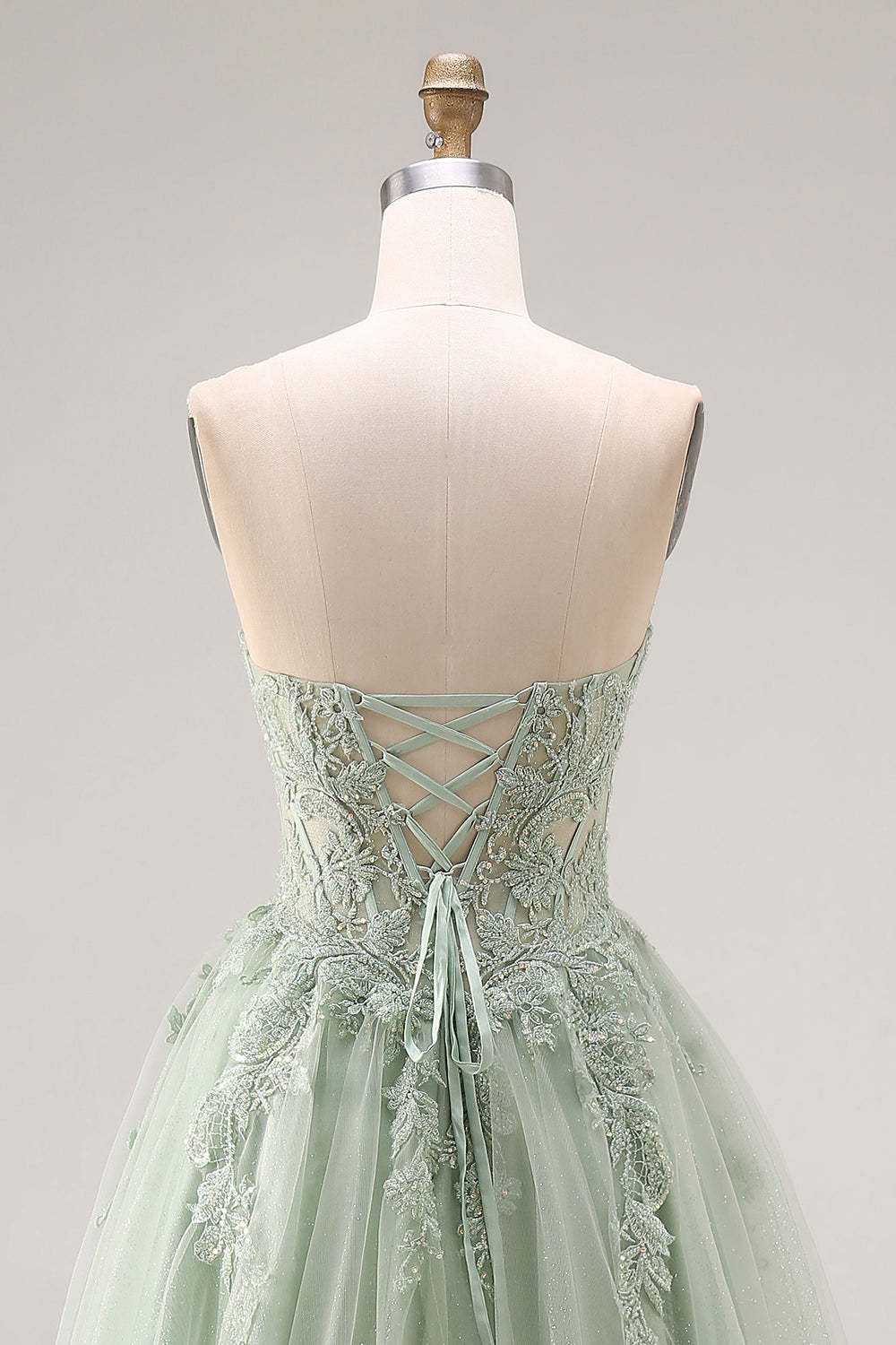 Dusty Green Corset A Line Appliqued Maxi Prom Dress with Slit