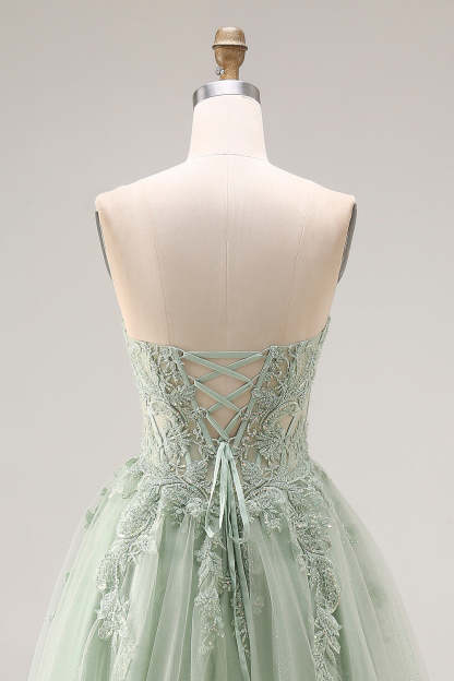 Dusty Green Corset A Line Appliqued Maxi Prom Dress with Slit