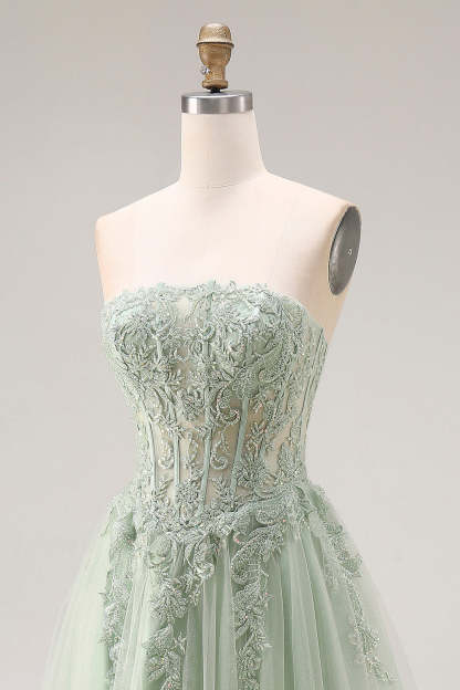Dusty Green Corset A Line Appliqued Maxi Prom Dress with Slit