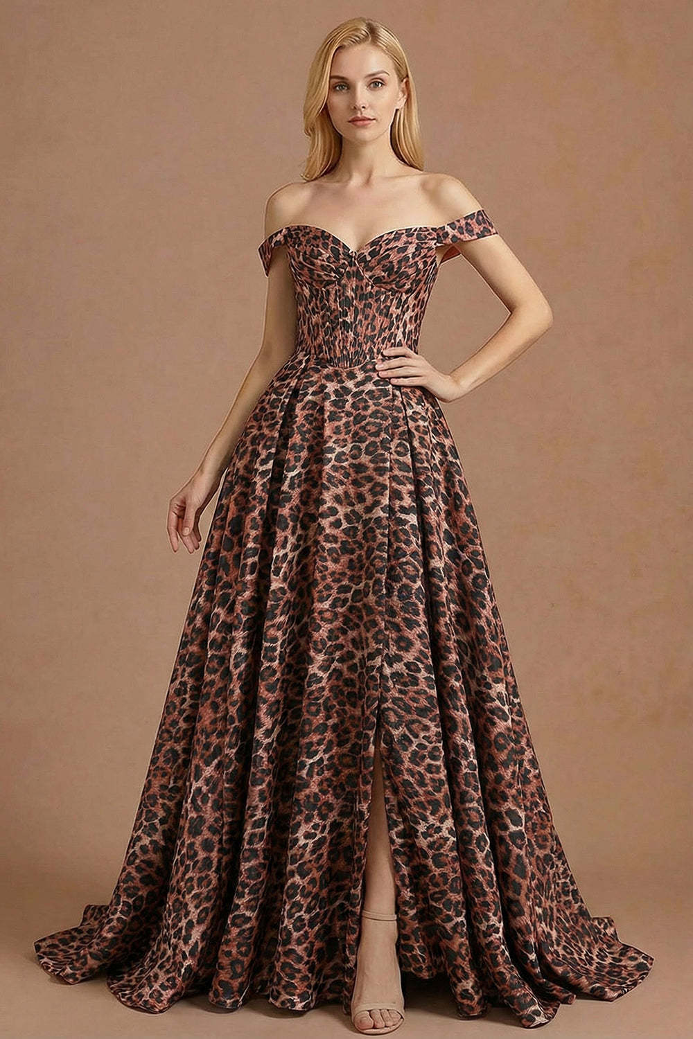 Leely Women Coffee Leopard A Line Corset Long Prom Dress with Slit Off the Shoulder Sleeveless Backless Red Carpet Dress