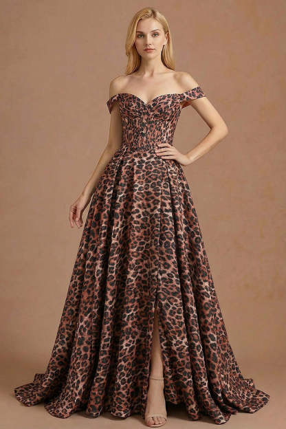 Leely Women Coffee Leopard A Line Corset Long Prom Dress with Slit Off the Shoulder Sleeveless Backless Red Carpet Dress
