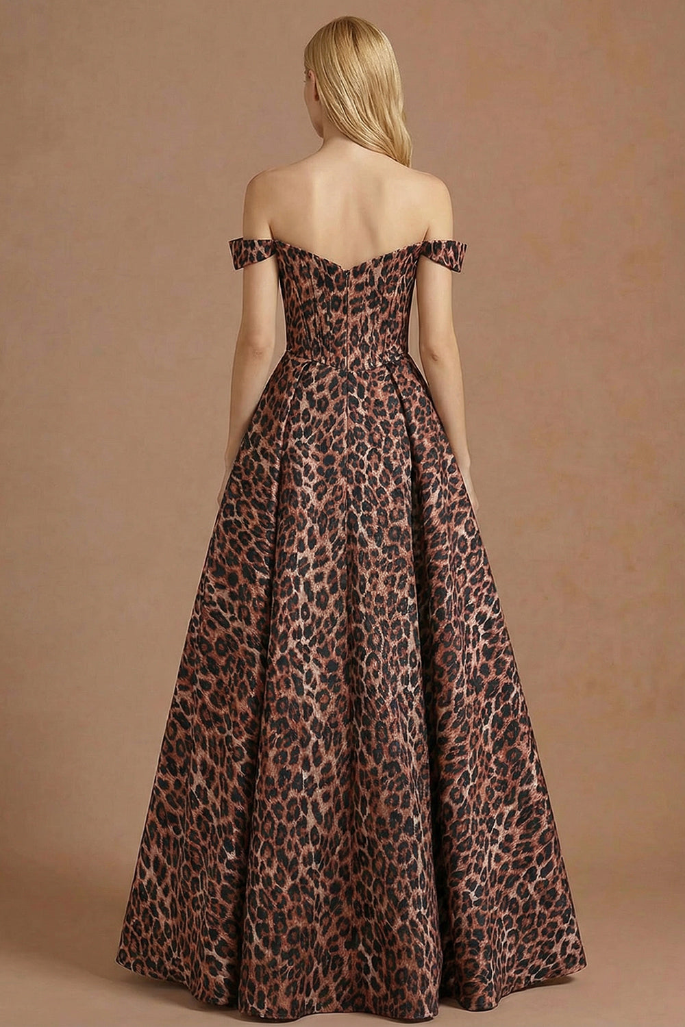 Coffee Leopard A Line Off the Shoulder Corset Long Prom Dress with Slit