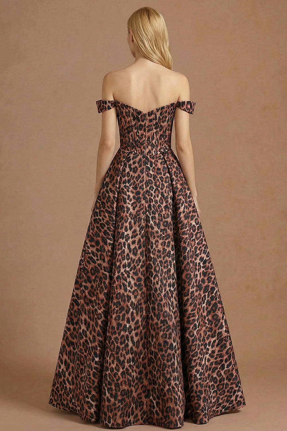 Coffee Leopard A Line Off the Shoulder Corset Long Prom Dress with Slit