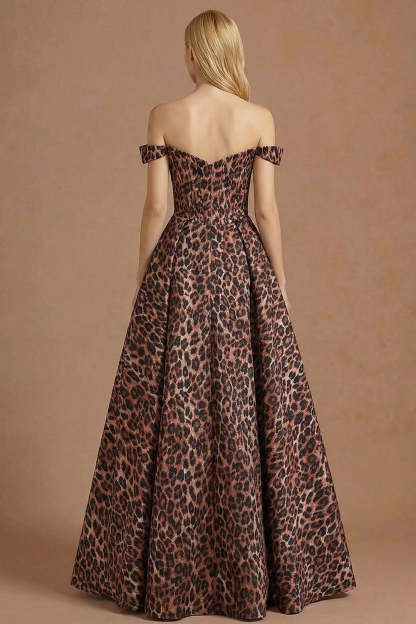 Coffee Leopard A Line Off the Shoulder Corset Long Prom Dress with Slit