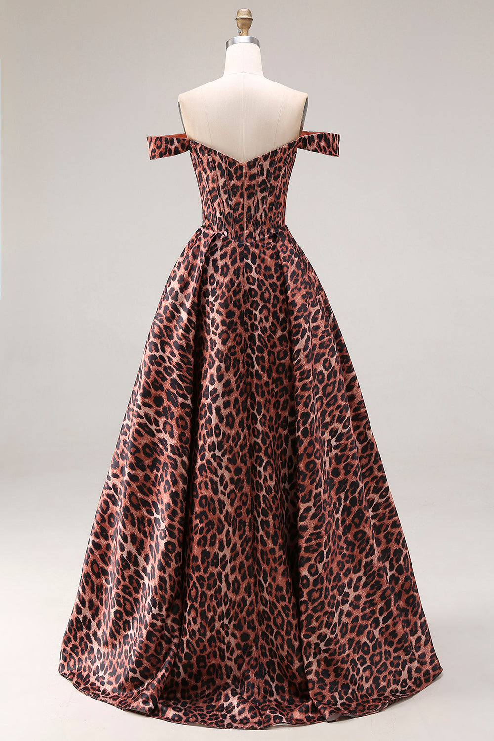 Coffee Leopard A Line Off the Shoulder Corset Long Prom Dress with Slit