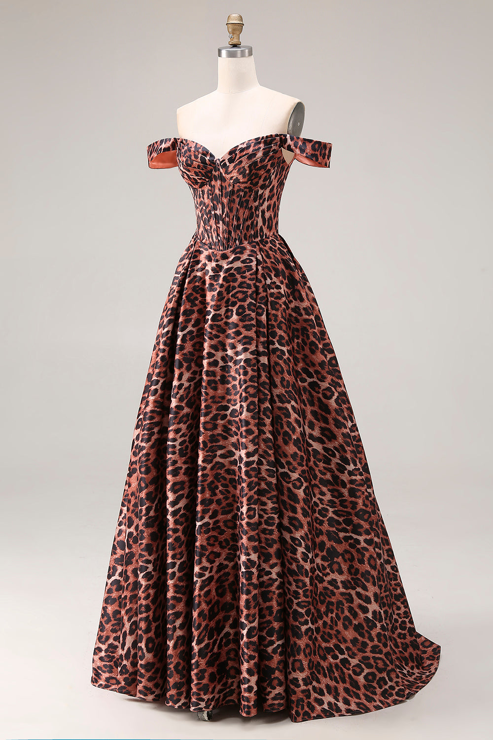 Coffee Leopard A Line Off the Shoulder Corset Long Prom Dress with Slit
