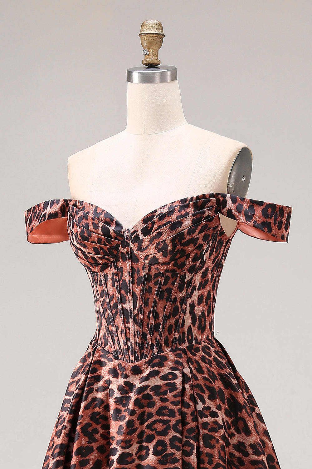 Coffee Leopard A Line Off the Shoulder Corset Long Prom Dress with Slit