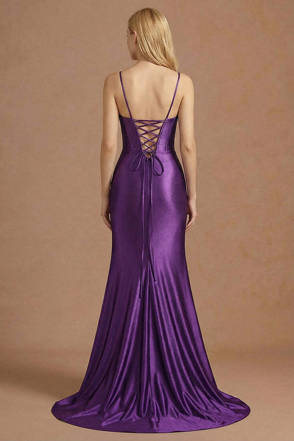 Sparkly Beaded Purple Mermaid Corset Appliqued Maxi Prom Dress with Slit