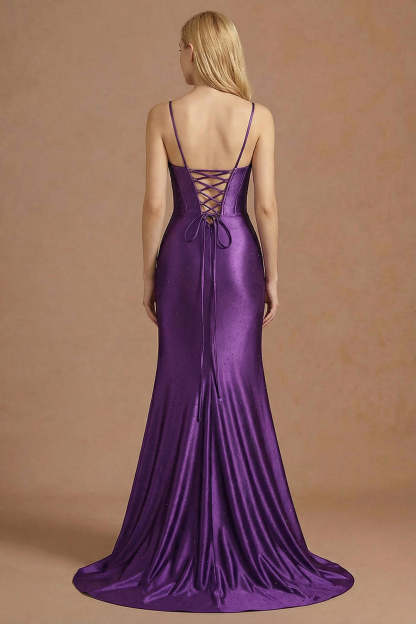Sparkly Beaded Purple Mermaid Corset Appliqued Maxi Prom Dress with Slit