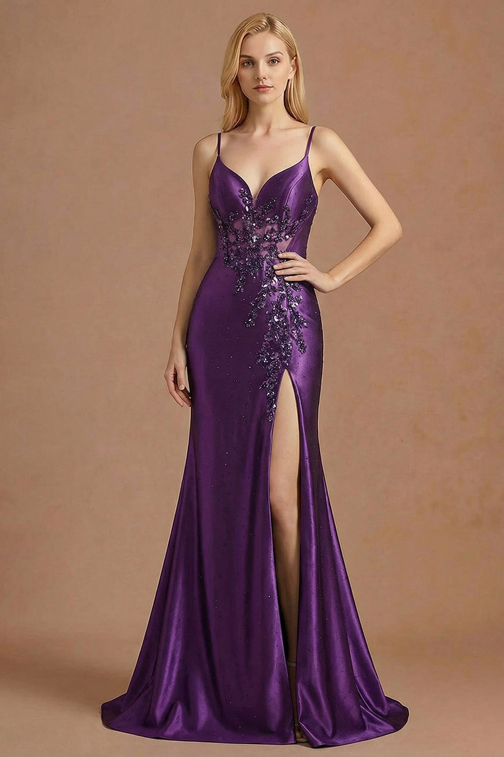 Sparkly Beaded Purple Mermaid Corset Appliqued Maxi Prom Dress with Slit