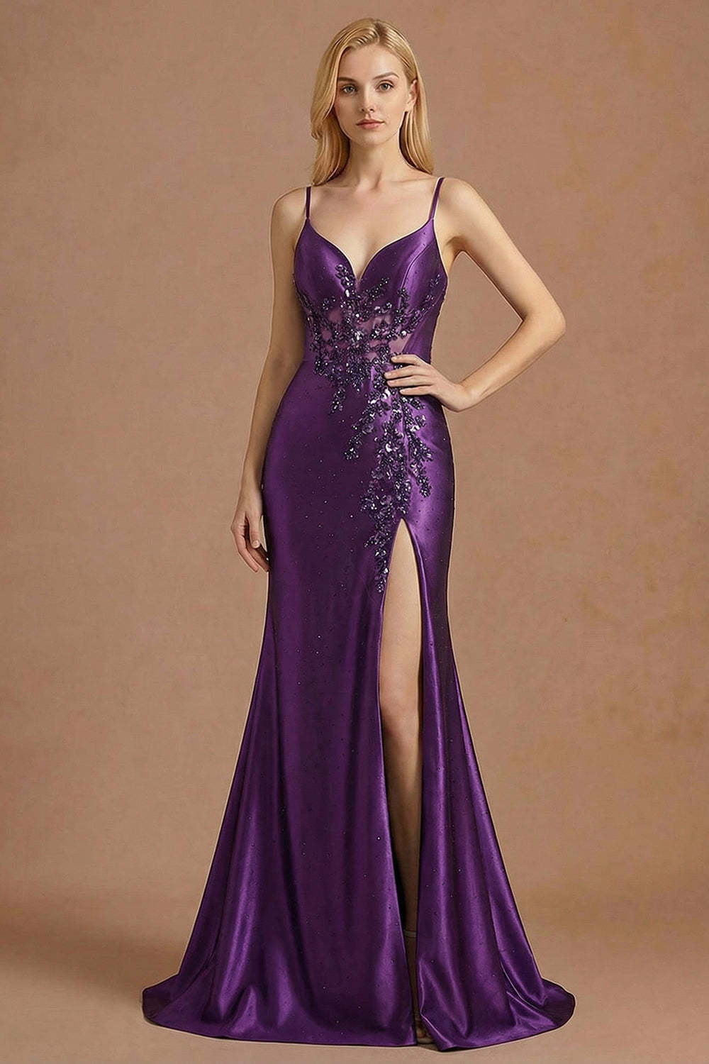 Leely Women Sparkly Beaded Purple Mermaid Corset Maxi Prom Dress with Slit Appliqued Spaghetti Straps Sleeveless Backless Evening Dress