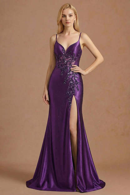 Leely Women Sparkly Beaded Purple Mermaid Corset Maxi Prom Dress with Slit Appliqued Spaghetti Straps Sleeveless Backless Evening Dress