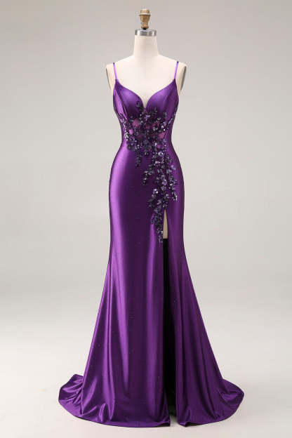 Sparkly Beaded Purple Mermaid Corset Appliqued Maxi Prom Dress with Slit