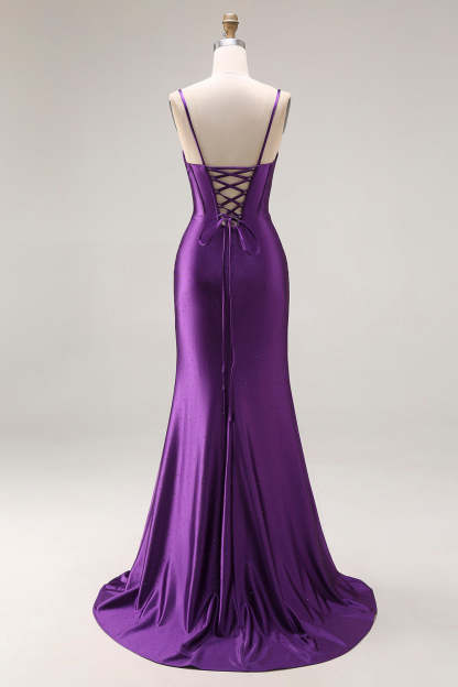 Sparkly Beaded Purple Mermaid Corset Appliqued Maxi Prom Dress with Slit