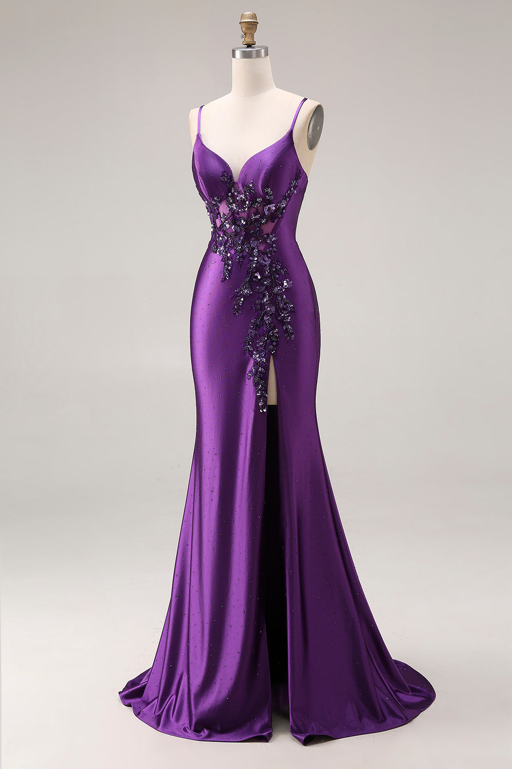 Sparkly Beaded Purple Mermaid Corset Appliqued Maxi Prom Dress with Slit