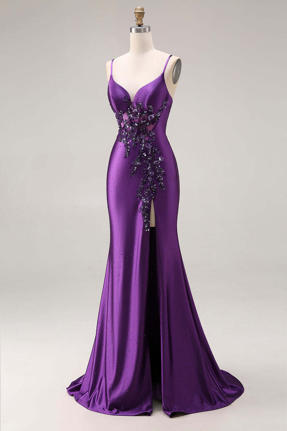 Sparkly Beaded Purple Mermaid Corset Appliqued Maxi Prom Dress with Slit
