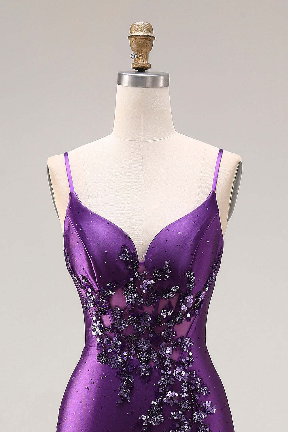 Sparkly Beaded Purple Mermaid Corset Appliqued Maxi Prom Dress with Slit