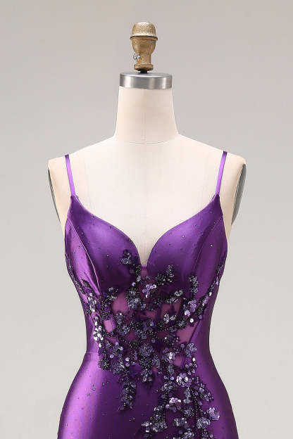 Sparkly Beaded Purple Mermaid Corset Appliqued Maxi Prom Dress with Slit