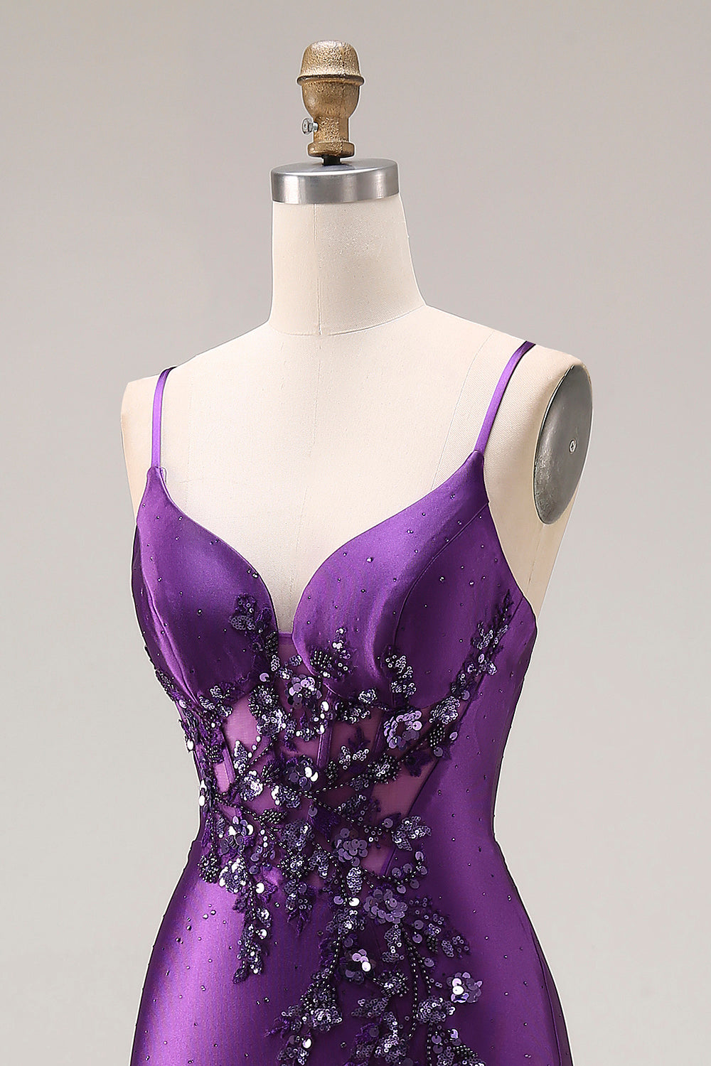 Sparkly Beaded Purple Mermaid Corset Appliqued Maxi Prom Dress with Slit