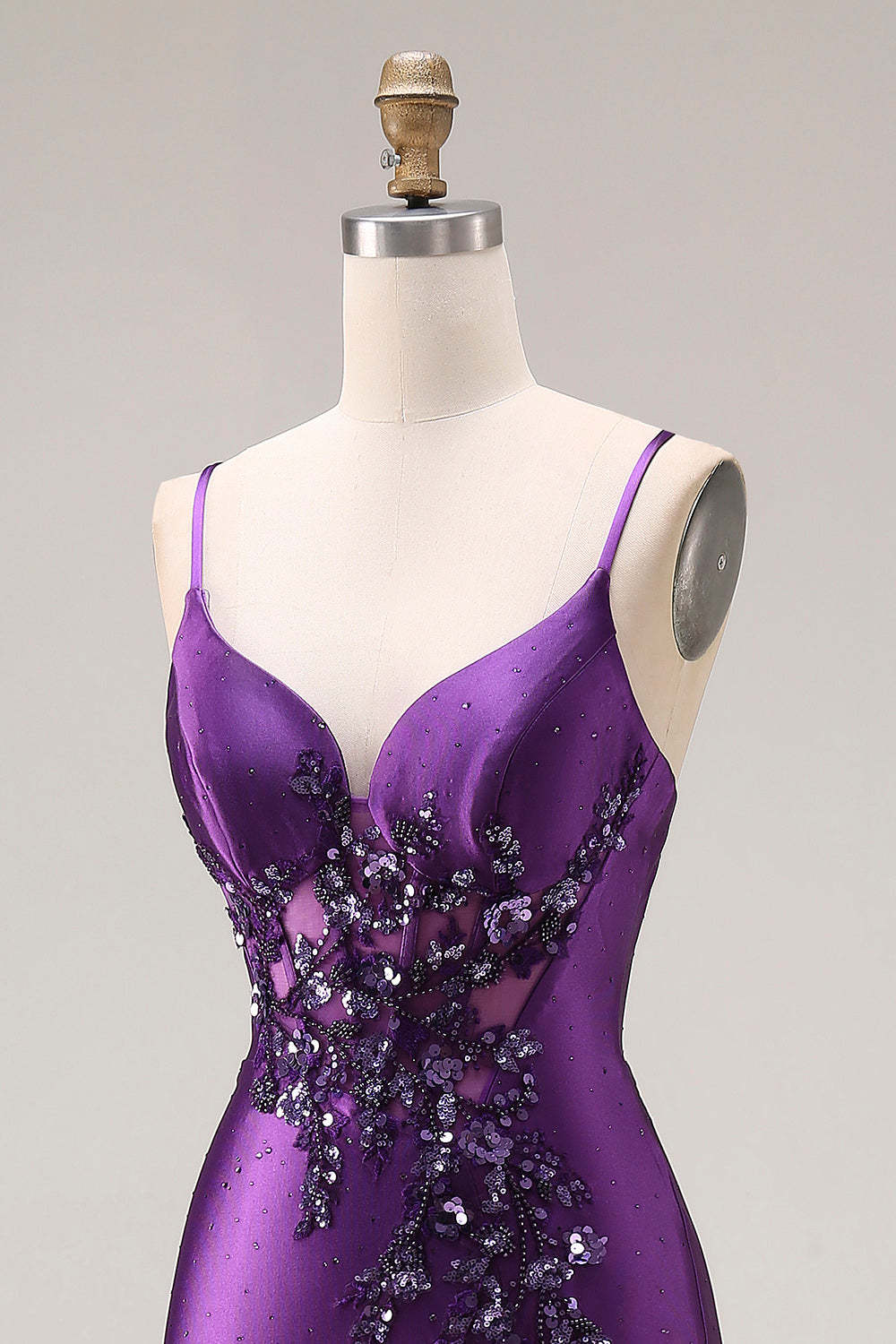 Sparkly Beaded Purple Mermaid Corset Appliqued Maxi Prom Dress with Slit