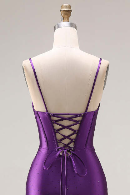 Sparkly Beaded Purple Mermaid Corset Appliqued Maxi Prom Dress with Slit