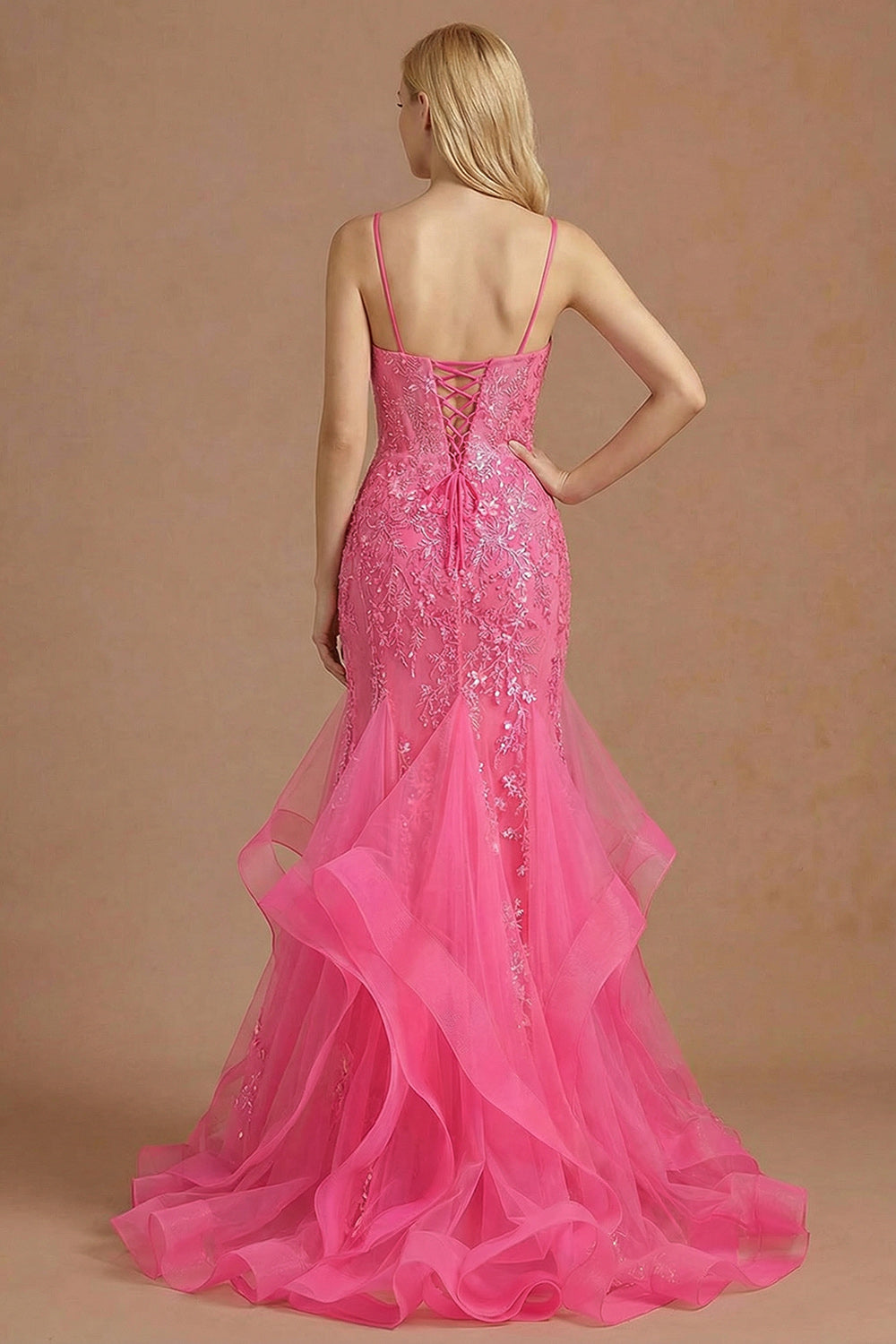 Fuchsia Mermaid Corset Appliqued Maxi Ruffled Prom Dress
