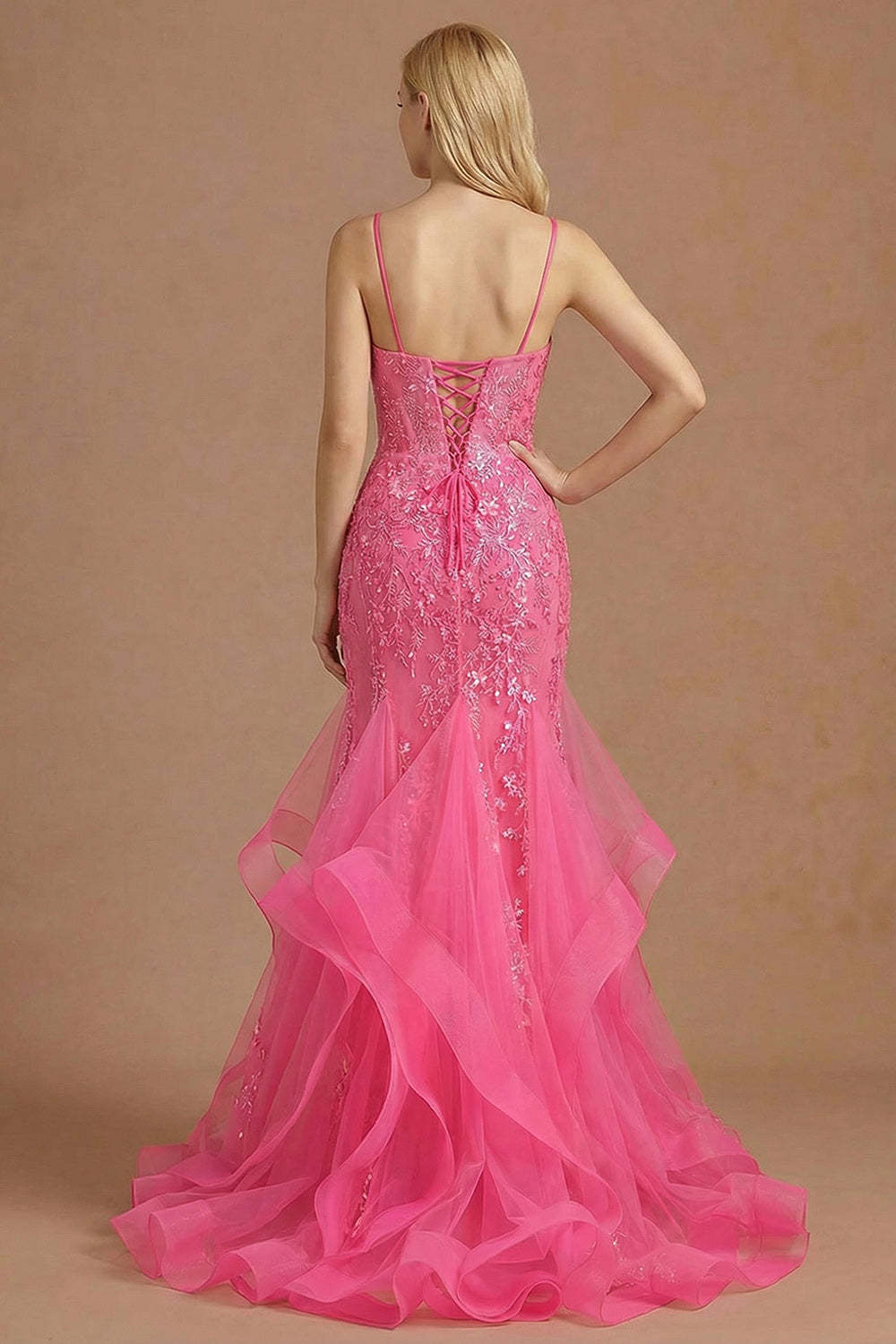 Fuchsia Mermaid Corset Appliqued Maxi Ruffled Prom Dress