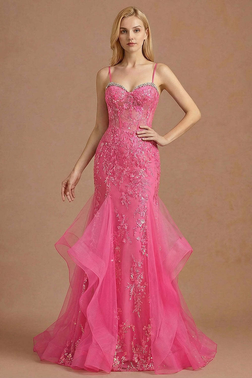 Leely Women Fuchsia Mermaid Corset Maxi Ruffled Prom Dress Appliqued Spaghetti Straps Sleeveless Backless Pageant Dress