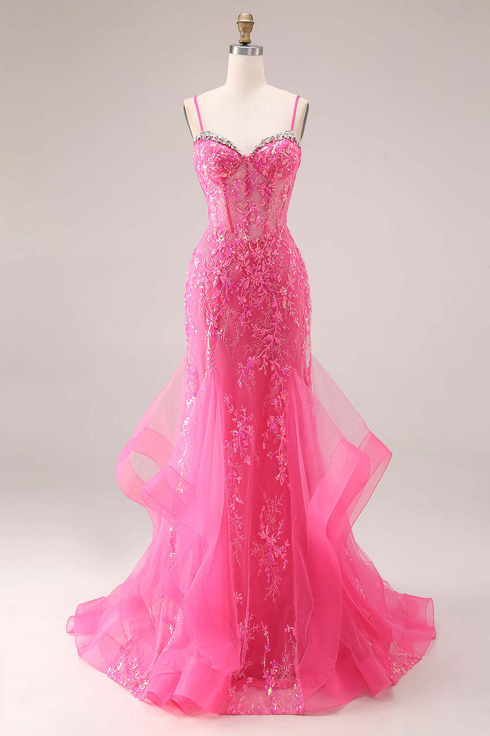 Fuchsia Mermaid Corset Appliqued Maxi Ruffled Prom Dress