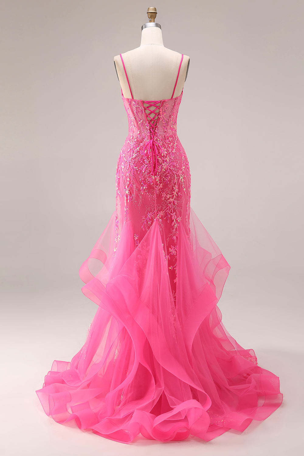 Fuchsia Mermaid Corset Appliqued Maxi Ruffled Prom Dress