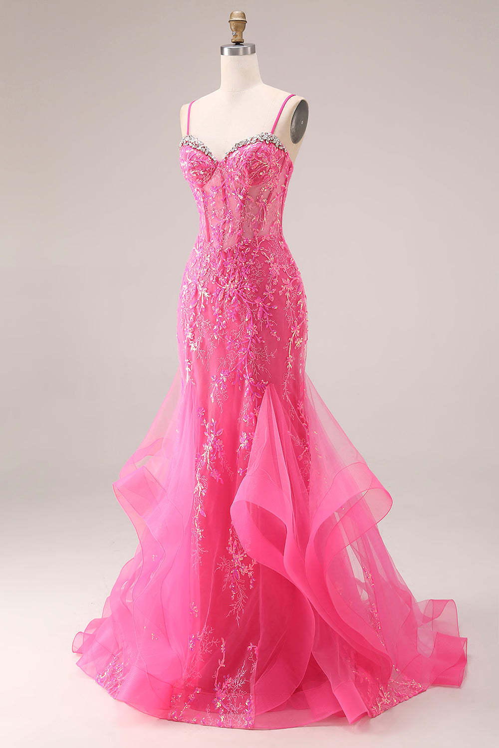 Fuchsia Mermaid Corset Appliqued Maxi Ruffled Prom Dress