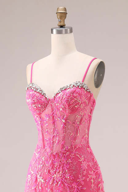 Fuchsia Mermaid Corset Appliqued Maxi Ruffled Prom Dress