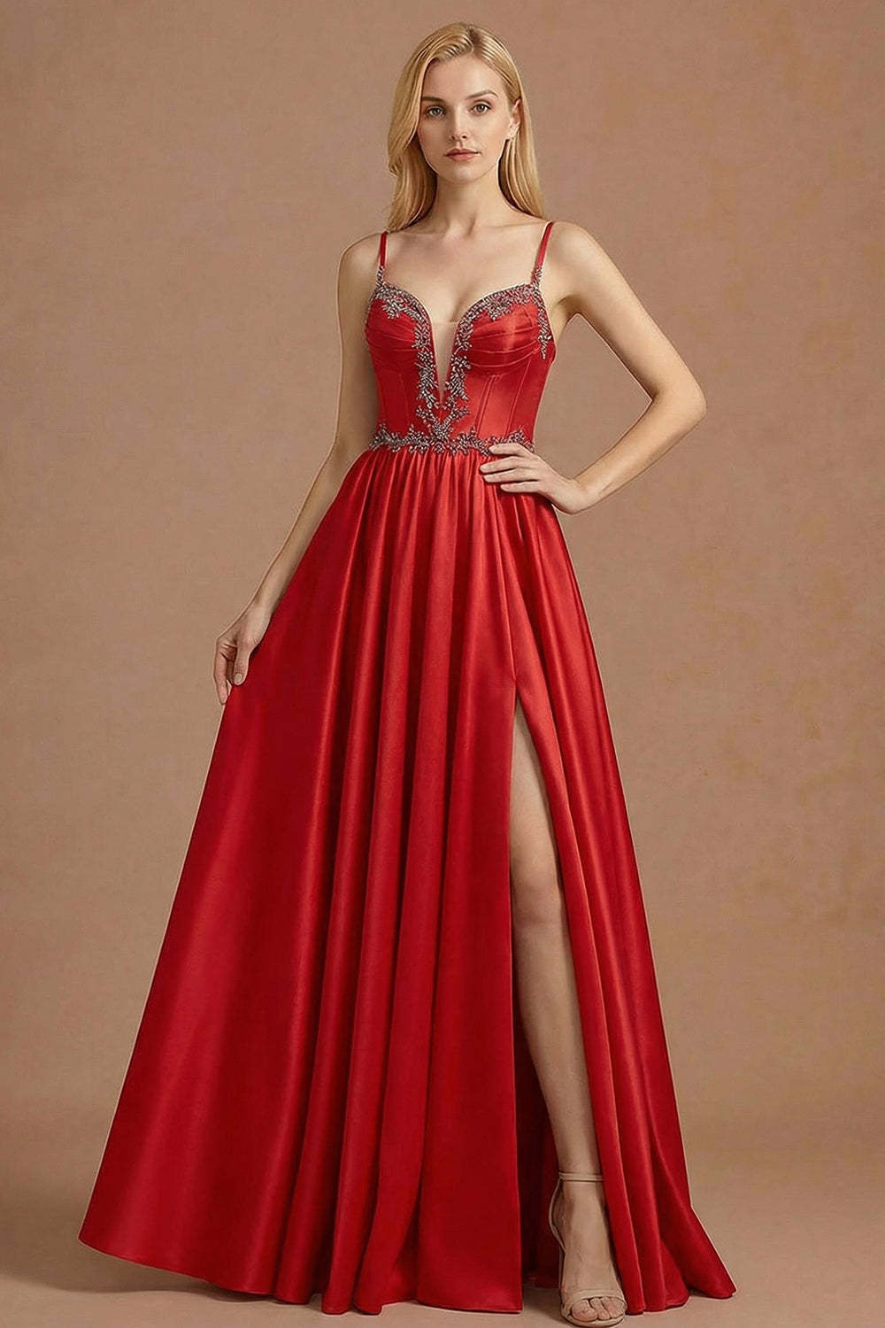 Leely Women Sparkly Red Beaded Corset Maxi Prom Dress with Slit A Line Spaghetti Straps Backless Sleeveless Military Ball Dress